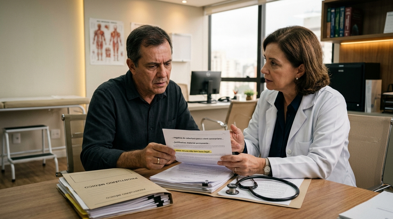 Seu plano negou o stent coronariano chamando de "material permanente" — essa recusa não tem base legal